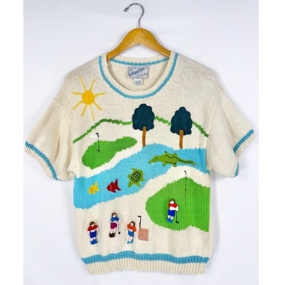 California Sweaters Vintage Retro Novelty Sweater Women’s Small Cream Hand Knit